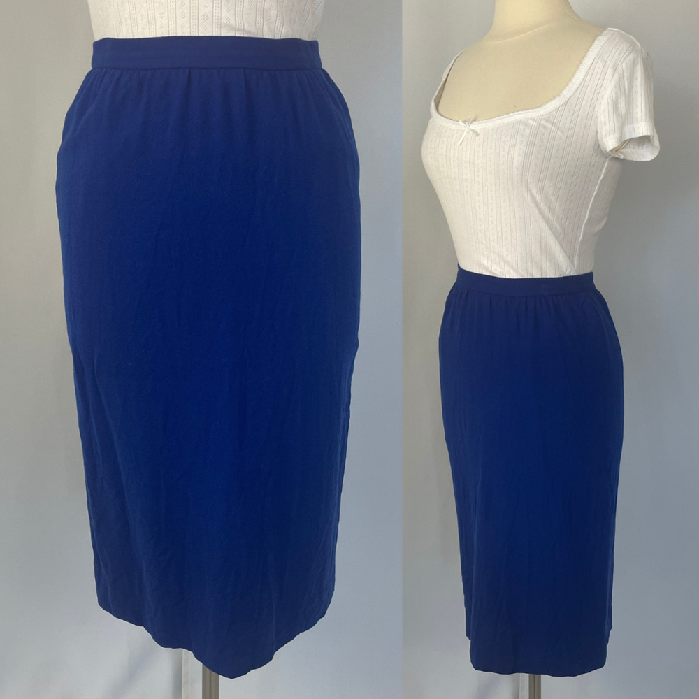 Vintage Pencil Skirt Size 8 Royal Blue Solid Midi Preppy Office Minimal Academia